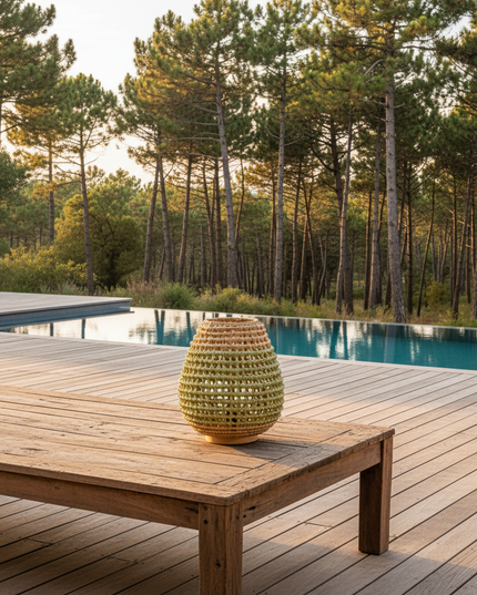 Poseez cette lampe en rotin sur une table en bois en exterieur. Nous sommes sur une terrasse en bois, au bord d'une piscine. en arrière plan une foret de pis des landes