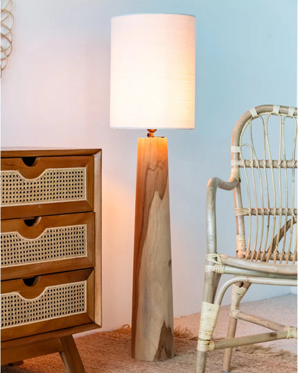 Lampe à poser en teck et abat-jour en lin - M