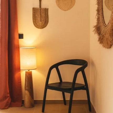 Lampe à poser en teck et abat-jour en lin - S