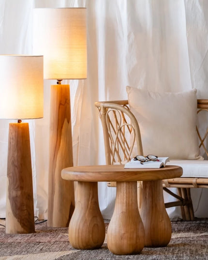 Lampe à poser en teck et abat-jour en lin - S
