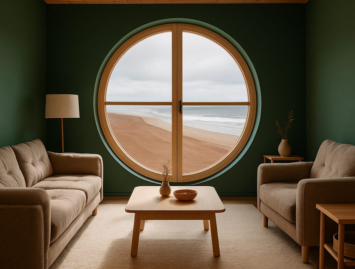 nous sommes assis dans un salon aux meubles de type scandinaves, avec des canapés moelleux et profonds, les murs sont vert anglais, il ya une grande porte fenêtre en bois claire , en forme ronde qui donne sur une grand palge de sable brun, au loin on voit l'ocean et les vagues. 